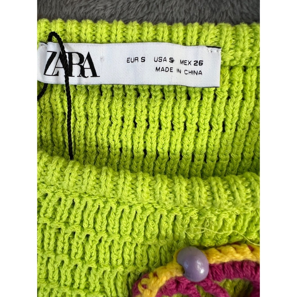 Zara Crochet Tank Top Small Neon Green 3D Floral Beaded Cropped Boho Festival - Picture 7 of 10